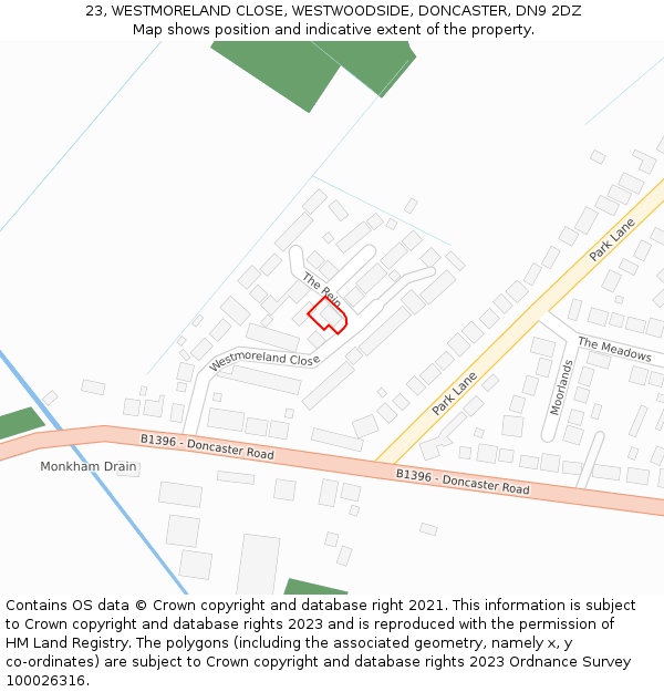 23, WESTMORELAND CLOSE, WESTWOODSIDE, DONCASTER, DN9 2DZ: Location map and indicative extent of plot