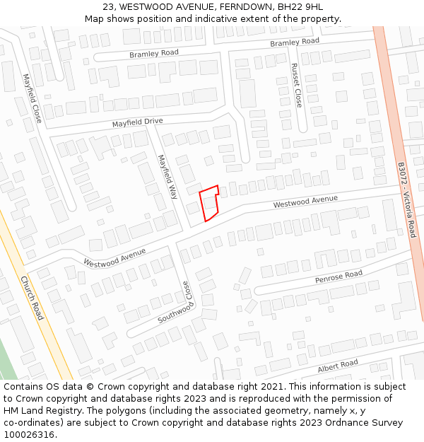 23, WESTWOOD AVENUE, FERNDOWN, BH22 9HL: Location map and indicative extent of plot