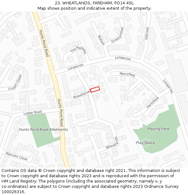 23, WHEATLANDS, FAREHAM, PO14 4SL: Location map and indicative extent of plot