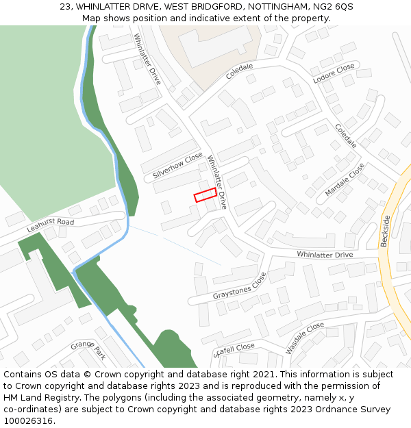 23, WHINLATTER DRIVE, WEST BRIDGFORD, NOTTINGHAM, NG2 6QS: Location map and indicative extent of plot