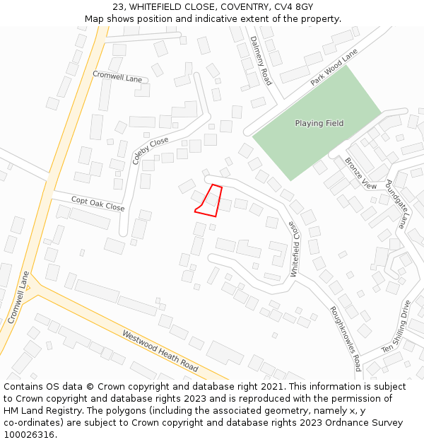 23, WHITEFIELD CLOSE, COVENTRY, CV4 8GY: Location map and indicative extent of plot