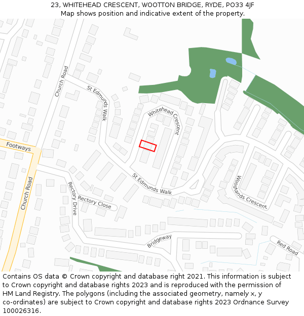 23, WHITEHEAD CRESCENT, WOOTTON BRIDGE, RYDE, PO33 4JF: Location map and indicative extent of plot