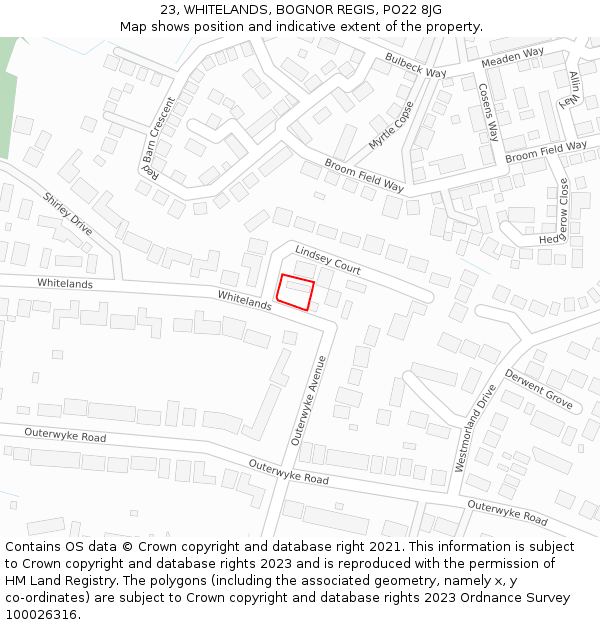 23, WHITELANDS, BOGNOR REGIS, PO22 8JG: Location map and indicative extent of plot