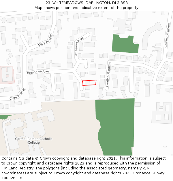 23, WHITEMEADOWS, DARLINGTON, DL3 8SR: Location map and indicative extent of plot