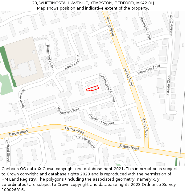 23, WHITTINGSTALL AVENUE, KEMPSTON, BEDFORD, MK42 8LJ: Location map and indicative extent of plot