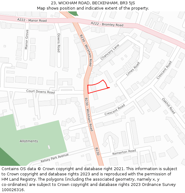 23, WICKHAM ROAD, BECKENHAM, BR3 5JS: Location map and indicative extent of plot