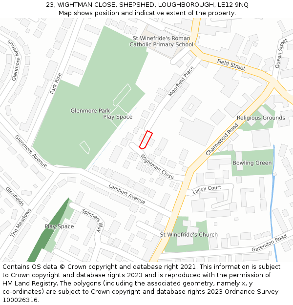 23, WIGHTMAN CLOSE, SHEPSHED, LOUGHBOROUGH, LE12 9NQ: Location map and indicative extent of plot