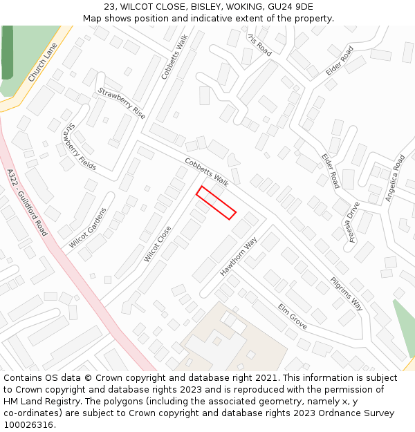 23, WILCOT CLOSE, BISLEY, WOKING, GU24 9DE: Location map and indicative extent of plot