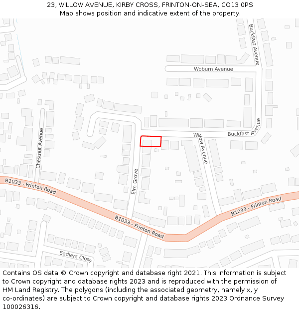 23, WILLOW AVENUE, KIRBY CROSS, FRINTON-ON-SEA, CO13 0PS: Location map and indicative extent of plot