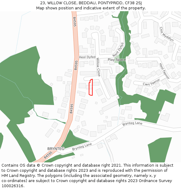 23, WILLOW CLOSE, BEDDAU, PONTYPRIDD, CF38 2SJ: Location map and indicative extent of plot