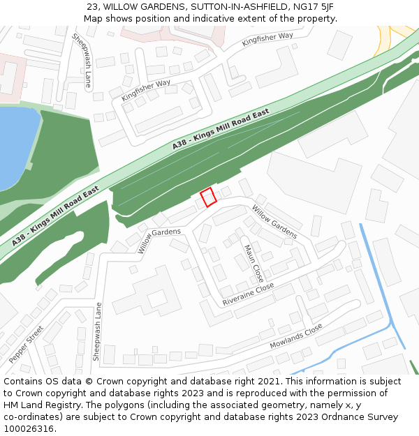 23, WILLOW GARDENS, SUTTON-IN-ASHFIELD, NG17 5JF: Location map and indicative extent of plot