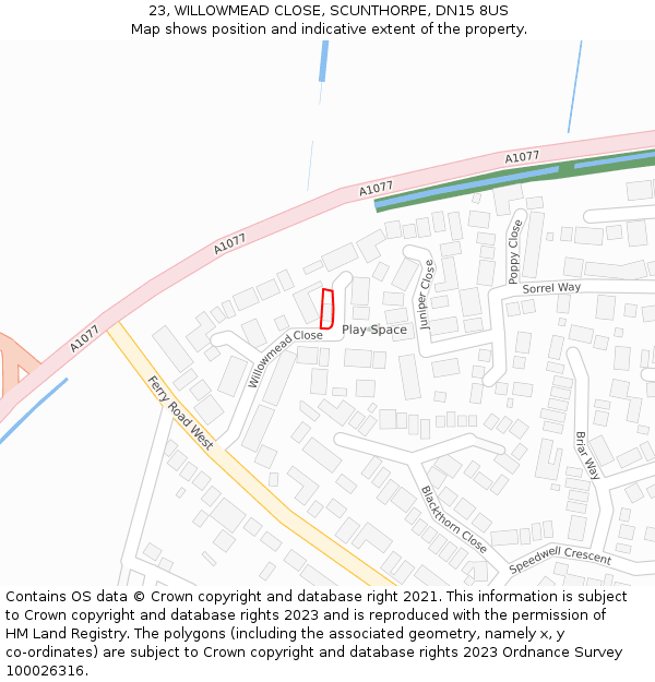23, WILLOWMEAD CLOSE, SCUNTHORPE, DN15 8US: Location map and indicative extent of plot