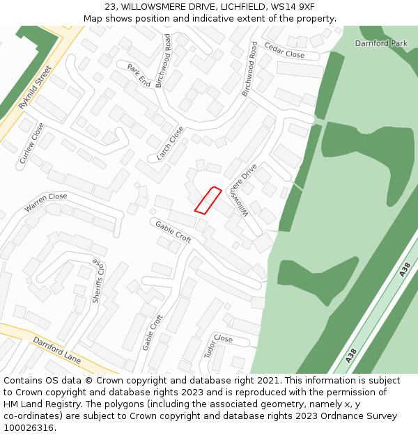 23, WILLOWSMERE DRIVE, LICHFIELD, WS14 9XF: Location map and indicative extent of plot