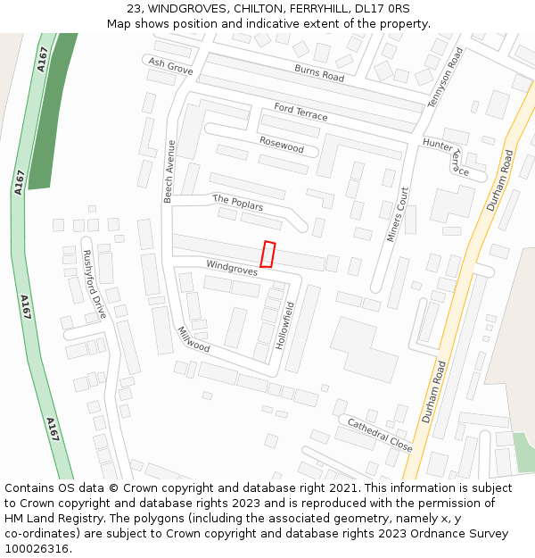 23, WINDGROVES, CHILTON, FERRYHILL, DL17 0RS: Location map and indicative extent of plot