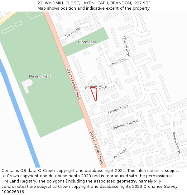 23, WINDMILL CLOSE, LAKENHEATH, BRANDON, IP27 9BF: Location map and indicative extent of plot