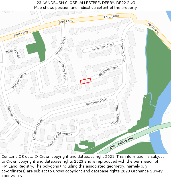 23, WINDRUSH CLOSE, ALLESTREE, DERBY, DE22 2UG: Location map and indicative extent of plot