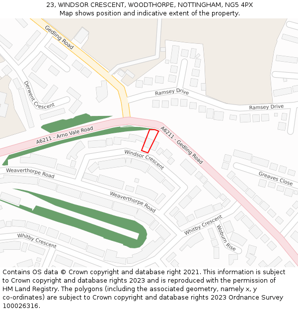 23, WINDSOR CRESCENT, WOODTHORPE, NOTTINGHAM, NG5 4PX: Location map and indicative extent of plot