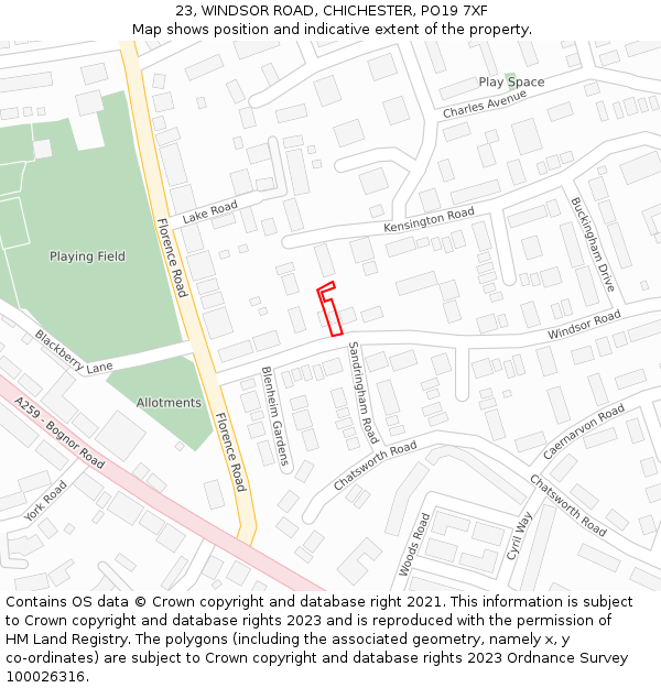 23, WINDSOR ROAD, CHICHESTER, PO19 7XF: Location map and indicative extent of plot