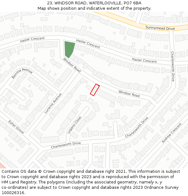 23, WINDSOR ROAD, WATERLOOVILLE, PO7 6BA: Location map and indicative extent of plot