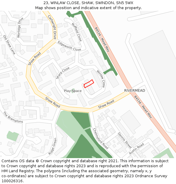 23, WINLAW CLOSE, SHAW, SWINDON, SN5 5WX: Location map and indicative extent of plot