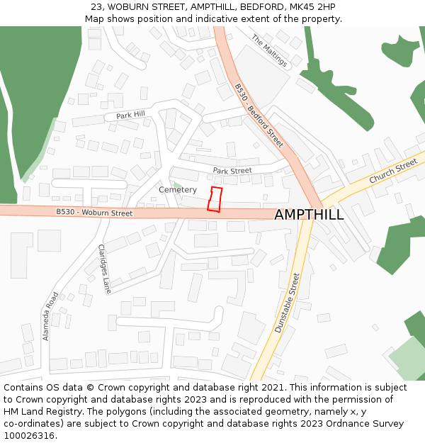 23, WOBURN STREET, AMPTHILL, BEDFORD, MK45 2HP: Location map and indicative extent of plot