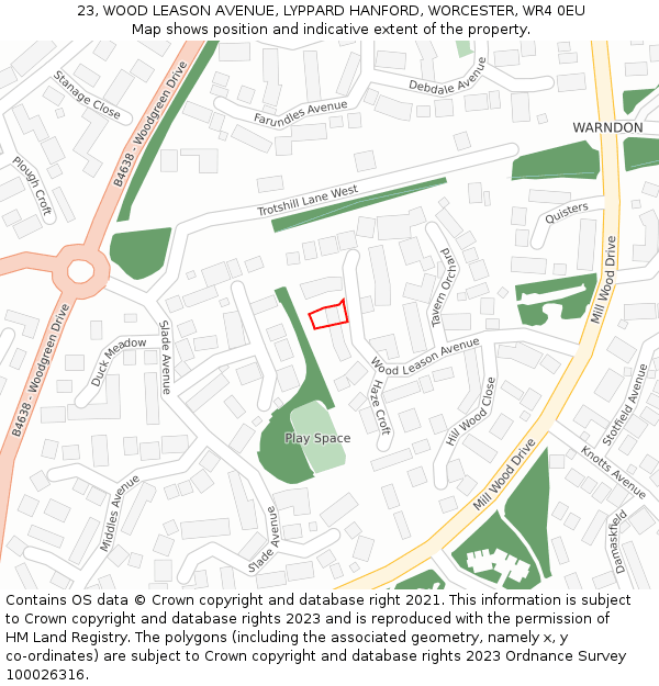 23, WOOD LEASON AVENUE, LYPPARD HANFORD, WORCESTER, WR4 0EU: Location map and indicative extent of plot