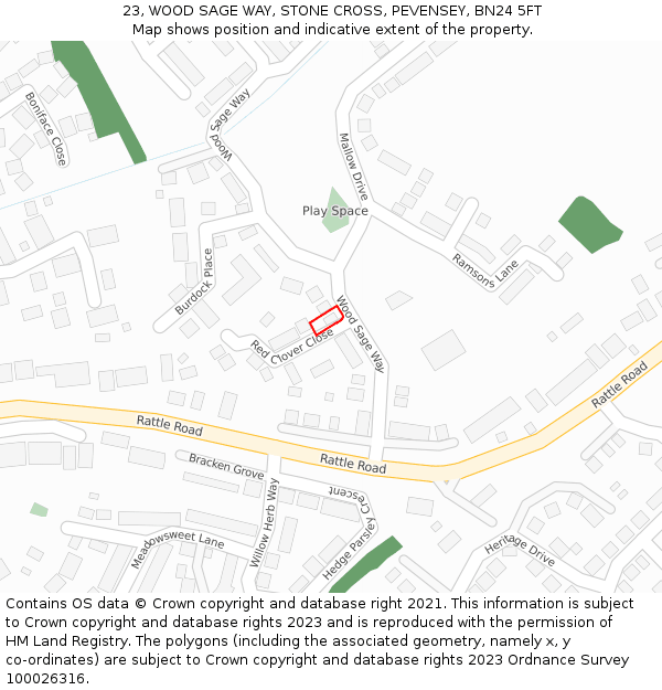 23, WOOD SAGE WAY, STONE CROSS, PEVENSEY, BN24 5FT: Location map and indicative extent of plot