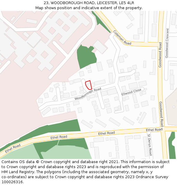 23, WOODBOROUGH ROAD, LEICESTER, LE5 4LR: Location map and indicative extent of plot