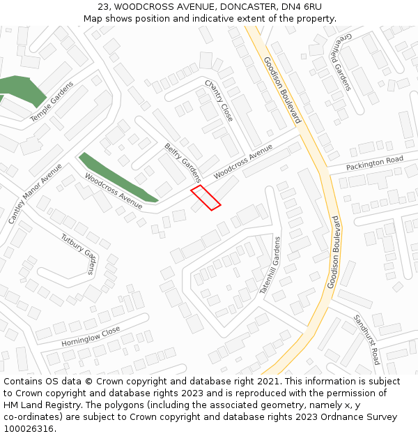 23, WOODCROSS AVENUE, DONCASTER, DN4 6RU: Location map and indicative extent of plot