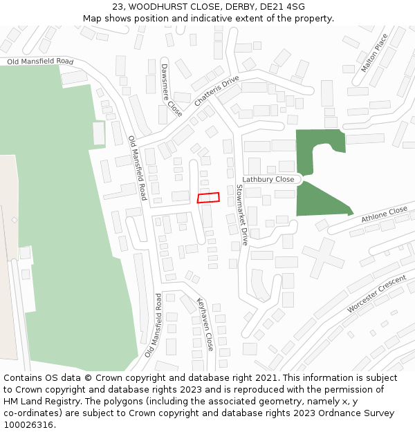 23, WOODHURST CLOSE, DERBY, DE21 4SG: Location map and indicative extent of plot