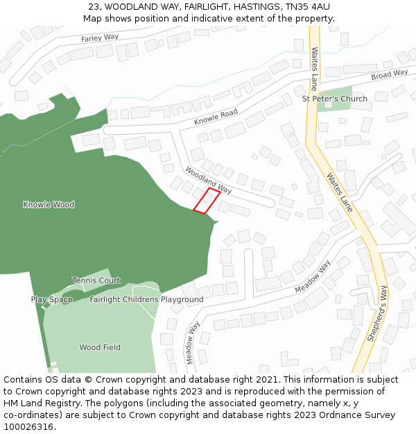 23, WOODLAND WAY, FAIRLIGHT, HASTINGS, TN35 4AU: Location map and indicative extent of plot