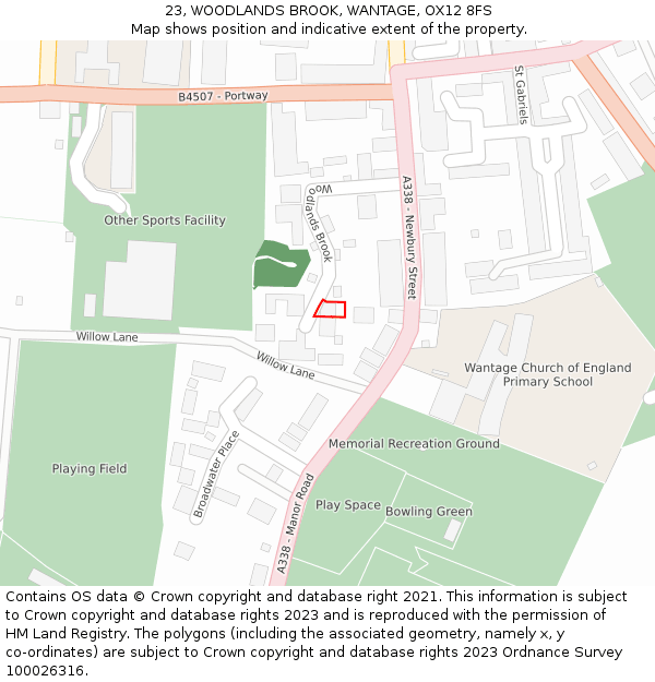 23, WOODLANDS BROOK, WANTAGE, OX12 8FS: Location map and indicative extent of plot