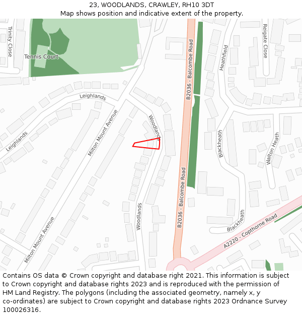 23, WOODLANDS, CRAWLEY, RH10 3DT: Location map and indicative extent of plot