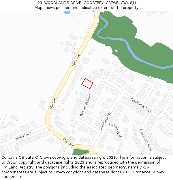 23, WOODLANDS DRIVE, GOOSTREY, CREWE, CW4 8JH: Location map and indicative extent of plot