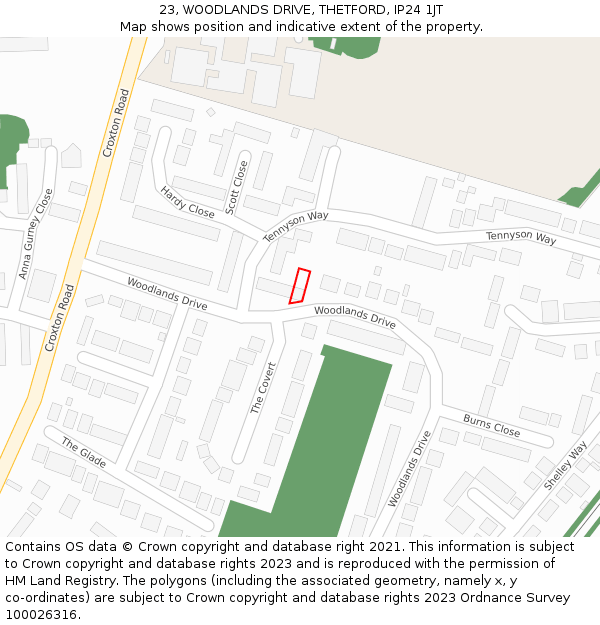 23, WOODLANDS DRIVE, THETFORD, IP24 1JT: Location map and indicative extent of plot