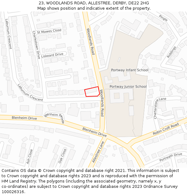 23, WOODLANDS ROAD, ALLESTREE, DERBY, DE22 2HG: Location map and indicative extent of plot