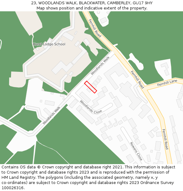 23, WOODLANDS WALK, BLACKWATER, CAMBERLEY, GU17 9HY: Location map and indicative extent of plot