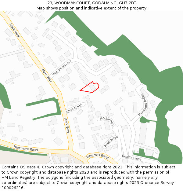 23, WOODMANCOURT, GODALMING, GU7 2BT: Location map and indicative extent of plot