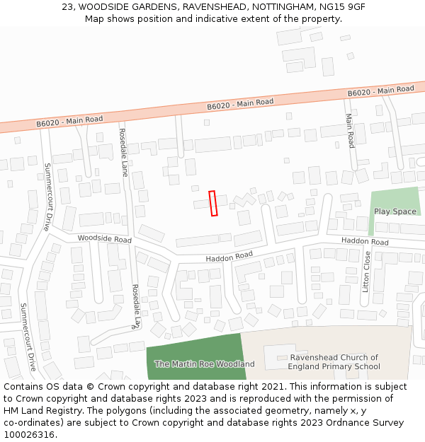 23, WOODSIDE GARDENS, RAVENSHEAD, NOTTINGHAM, NG15 9GF: Location map and indicative extent of plot