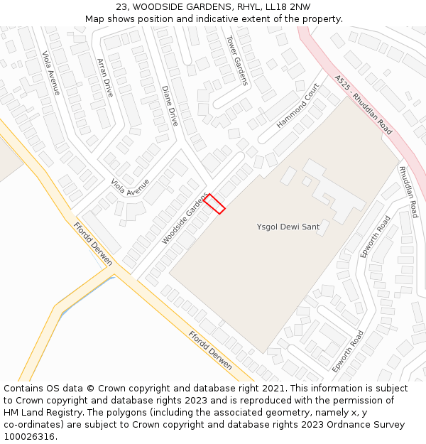 23, WOODSIDE GARDENS, RHYL, LL18 2NW: Location map and indicative extent of plot