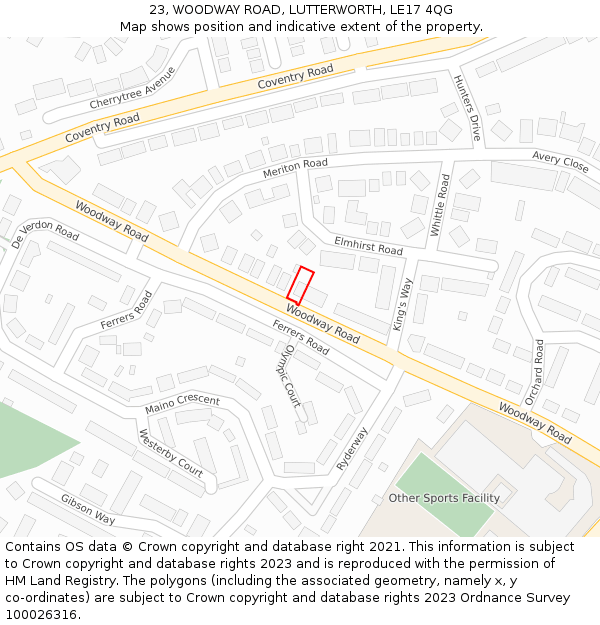 23, WOODWAY ROAD, LUTTERWORTH, LE17 4QG: Location map and indicative extent of plot