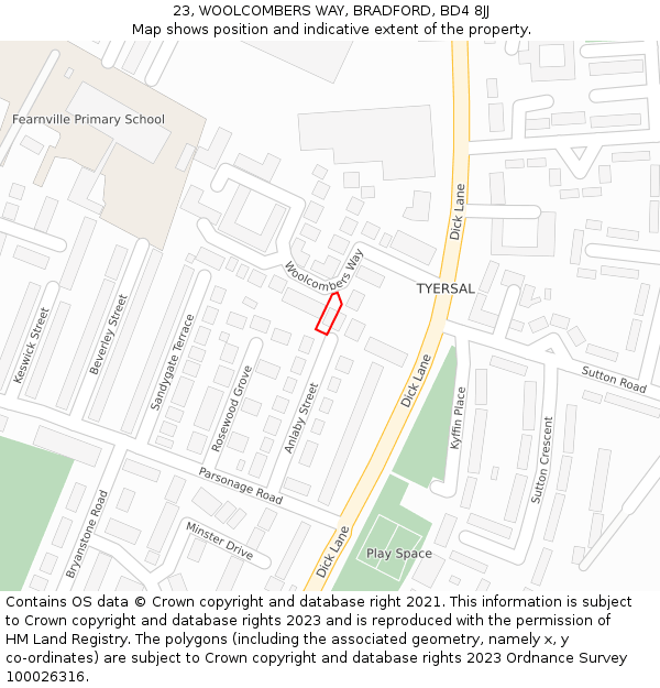 23, WOOLCOMBERS WAY, BRADFORD, BD4 8JJ: Location map and indicative extent of plot