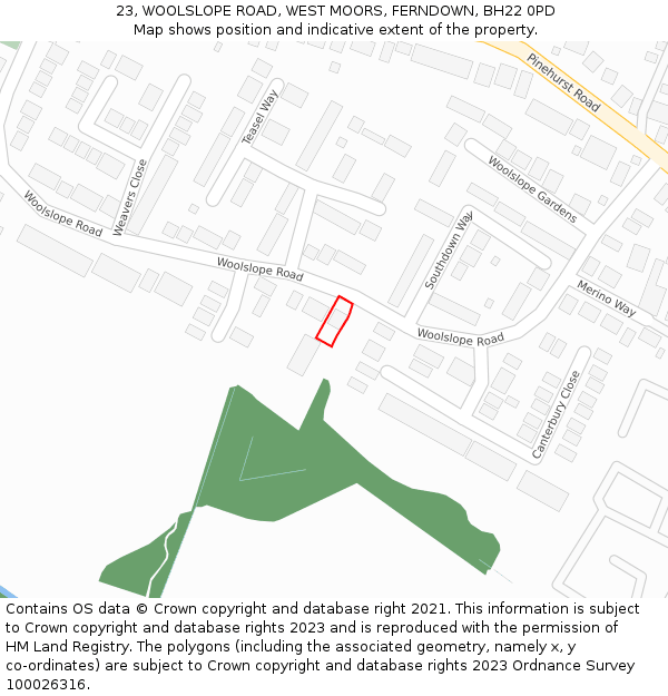 23, WOOLSLOPE ROAD, WEST MOORS, FERNDOWN, BH22 0PD: Location map and indicative extent of plot
