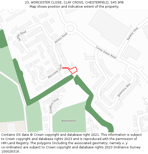 23, WORCESTER CLOSE, CLAY CROSS, CHESTERFIELD, S45 9FB: Location map and indicative extent of plot