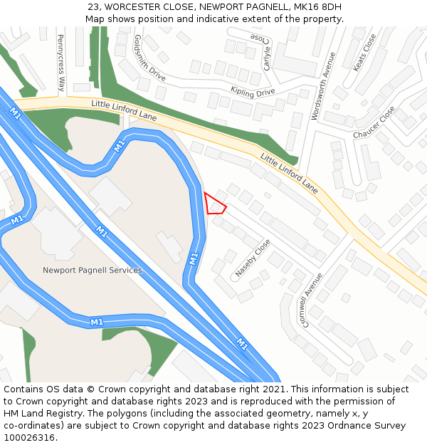 23, WORCESTER CLOSE, NEWPORT PAGNELL, MK16 8DH: Location map and indicative extent of plot