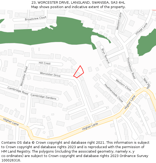 23, WORCESTER DRIVE, LANGLAND, SWANSEA, SA3 4HL: Location map and indicative extent of plot