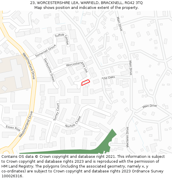 23, WORCESTERSHIRE LEA, WARFIELD, BRACKNELL, RG42 3TQ: Location map and indicative extent of plot