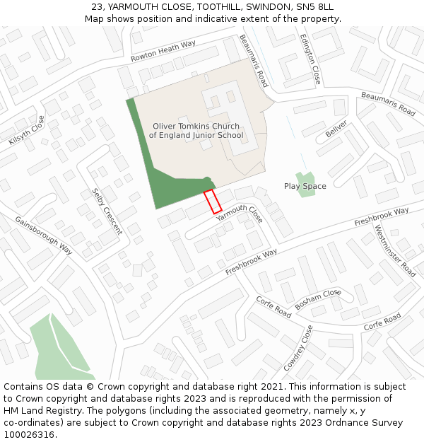 23, YARMOUTH CLOSE, TOOTHILL, SWINDON, SN5 8LL: Location map and indicative extent of plot