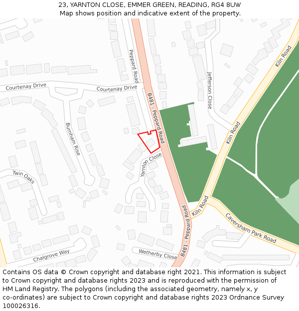 23, YARNTON CLOSE, EMMER GREEN, READING, RG4 8UW: Location map and indicative extent of plot