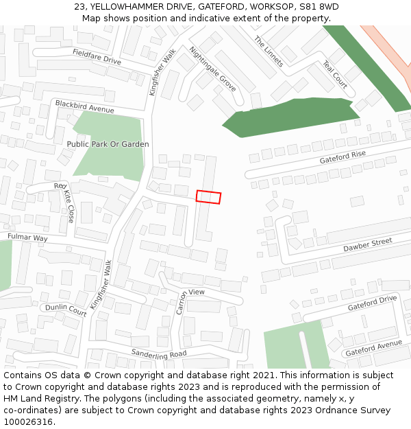 23, YELLOWHAMMER DRIVE, GATEFORD, WORKSOP, S81 8WD: Location map and indicative extent of plot